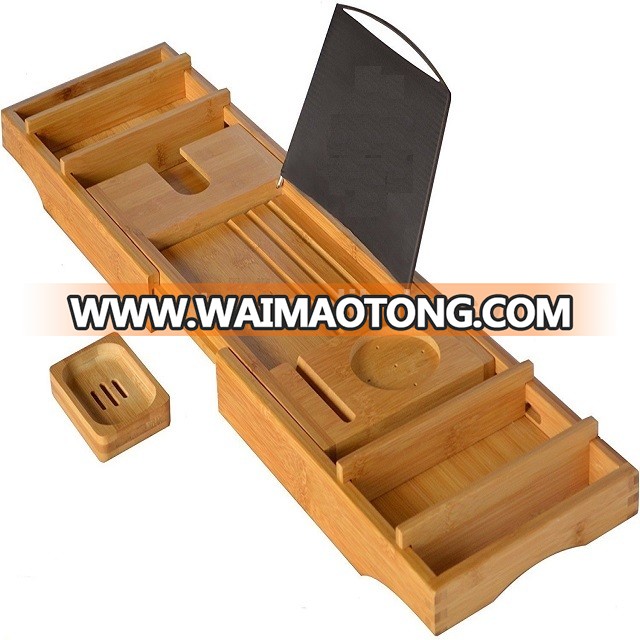 100% Bamboo Bathtub Caddy with Extendable Sides book stand cellphone factory BSCI