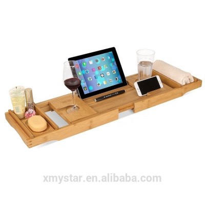 Eco-friendly Adjustable Bamboo Wood Bath Caddy Tray Bathtub Rack with Expandable Tray Book Holder and Slots for Wine Ipad Phone