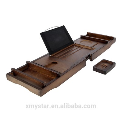 royal dark bamboo wood bathtub caddy tray with extending side racks and wine glass holder, free soap holer factory BSCI